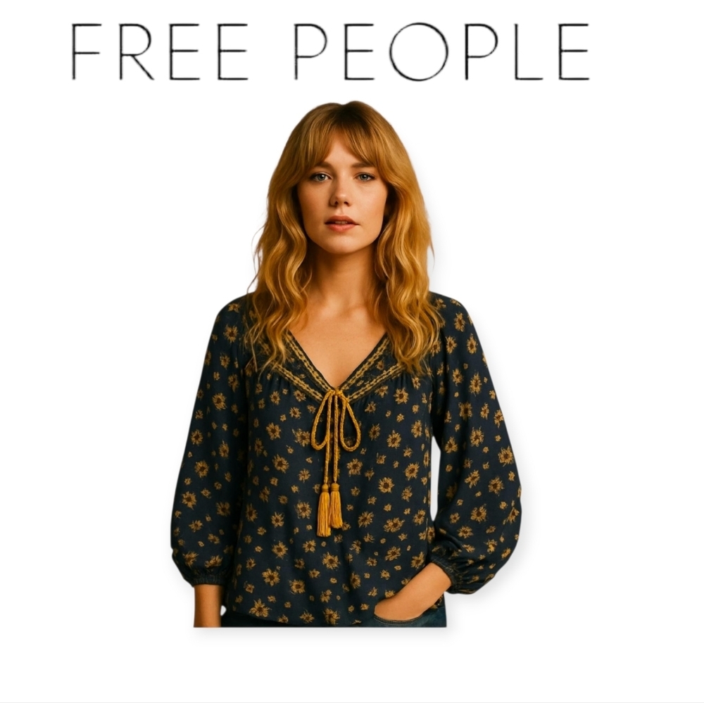 Free People Boho Flowy Sunflower Peasant Blouse Black Gold Tassel Size S Top